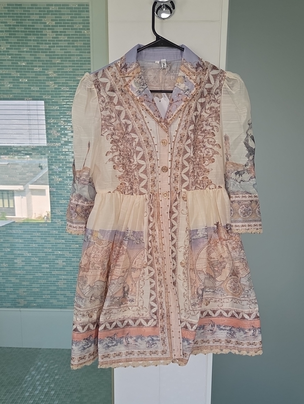 Cream Printed Mini Dress with Peplum Skirt